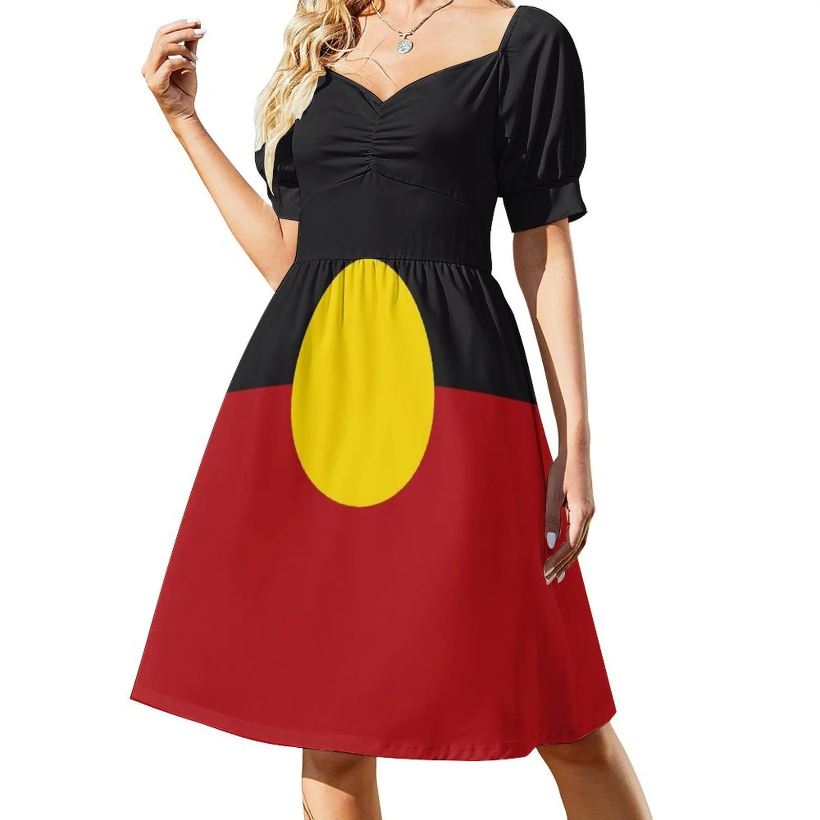 

Australian Aboriginal Flag black red with a yellow Sun giver of life and protector HD High Quality Short Sleeved Dress