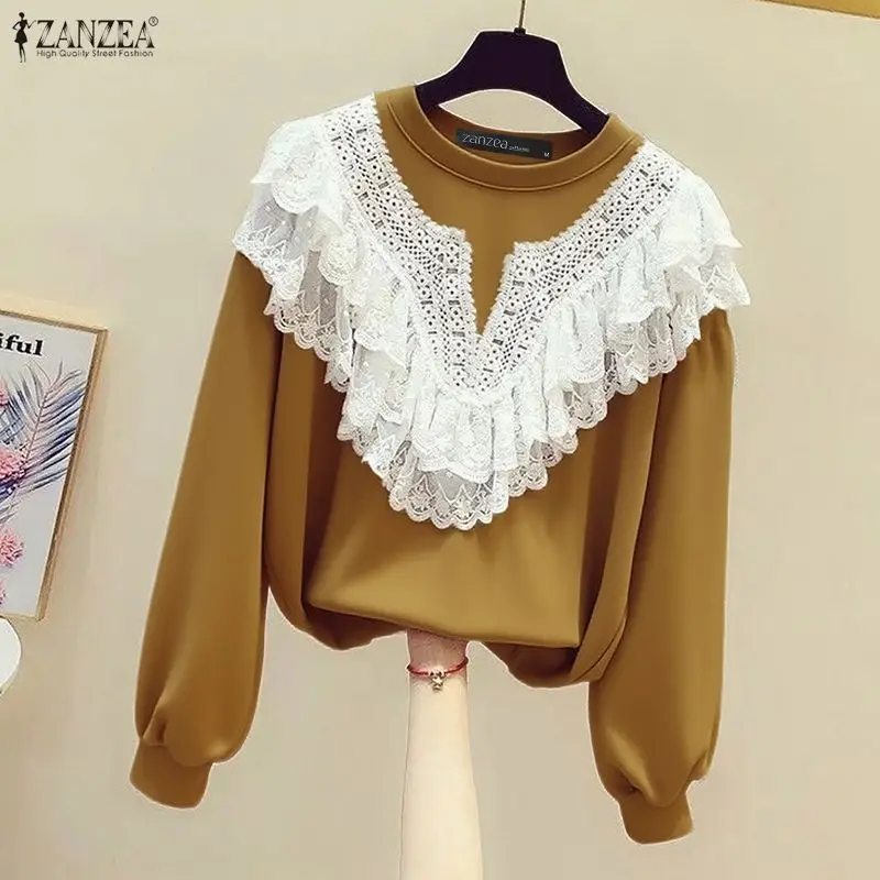 ZANZEA Frauen Sweatshirts Frühling Mode Langarm Pullover Casual Spitze Patchwork Jumper Oansatz Herbst Winter Kleidung Tops