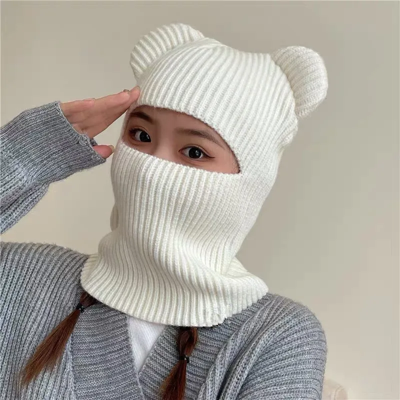 Winter Cute Warm Full Face Mask Balaclava Knit Bear Ears Beanie Hat Women Men Windproof Ski Skullies Cap