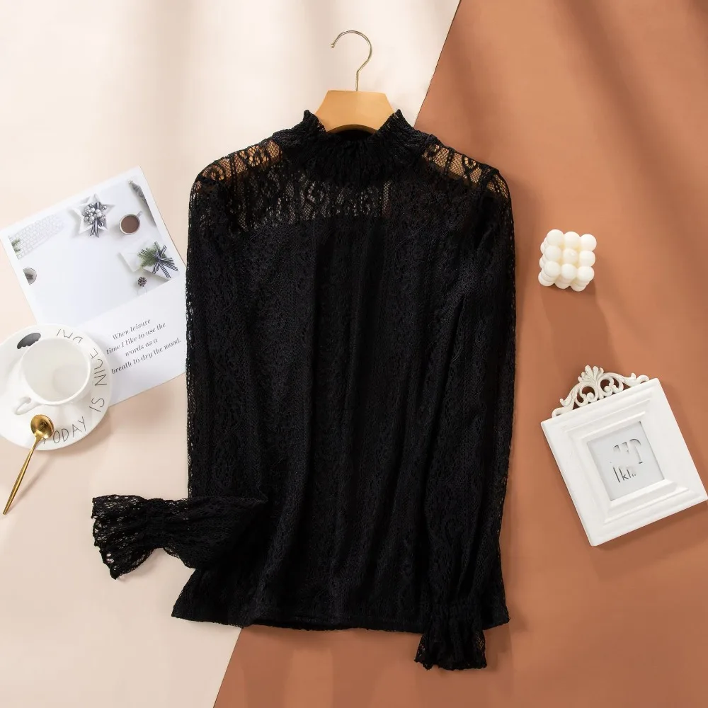 

Pullover Lace Flower Top Women Half High Collar See Through Transparent Long Sleeved Top Beach Shirts Blouse