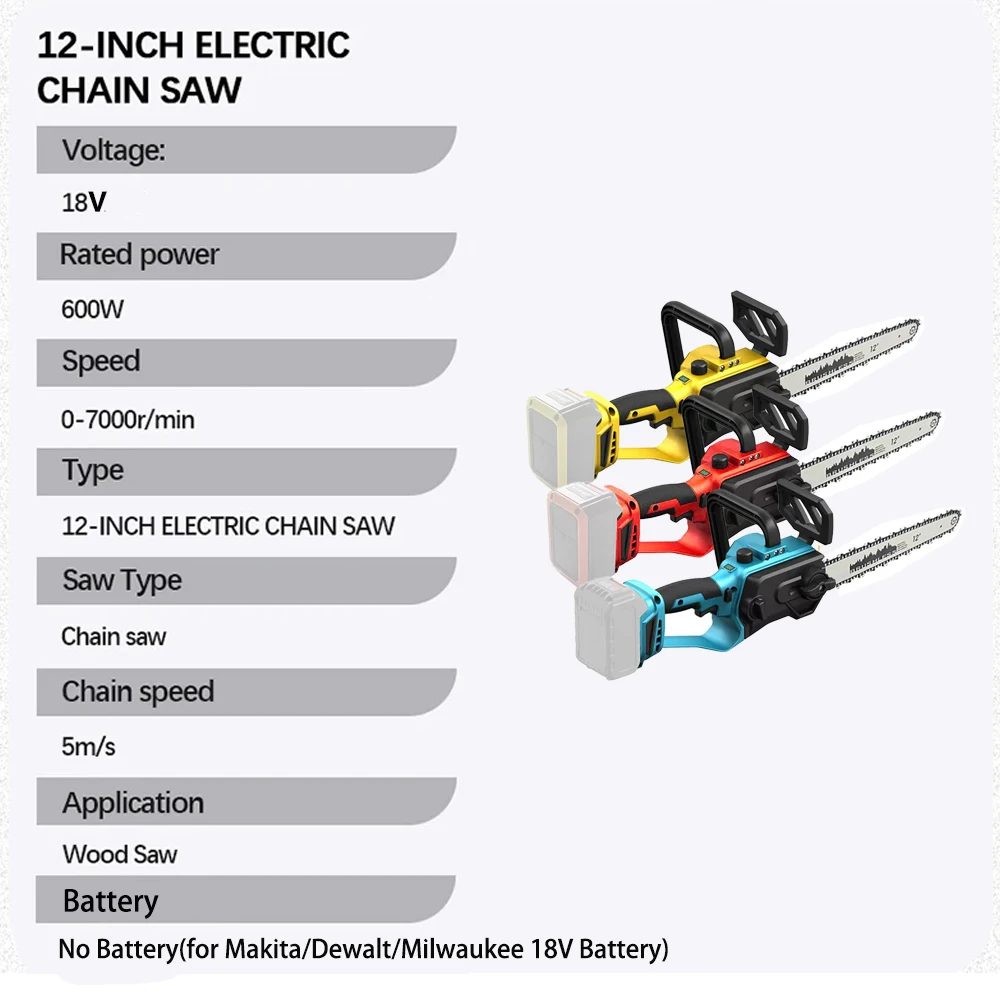 VILASTING 12IN Brushless GardenTrimming Electric Chain Saw 600W Cordless Wood Cutting For Makita/Dewalt/Milwaukee 18V BatteryPin