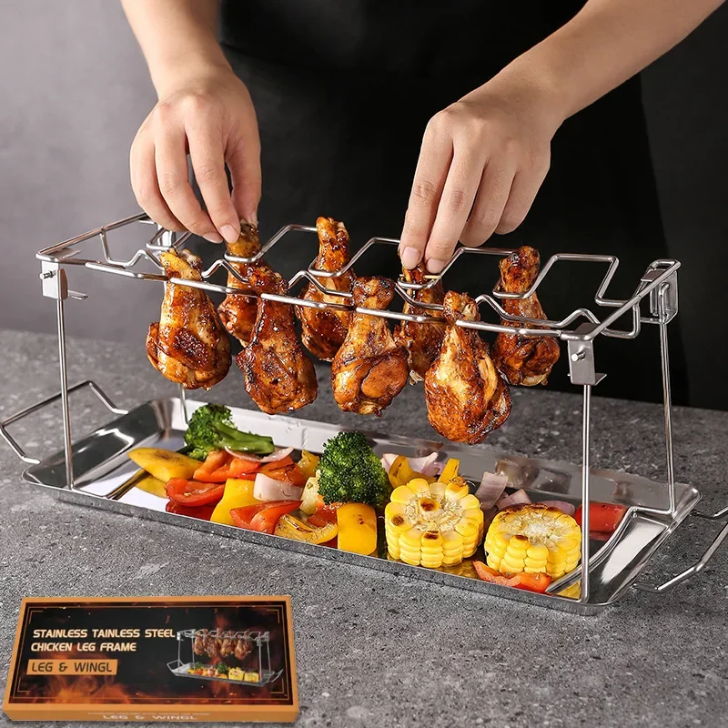 14-Piece Folding Stainless Steel Roasted Chicken Drumsticks Plate Outdoor Barbecue Grill Carrying Chassis Grill Rack