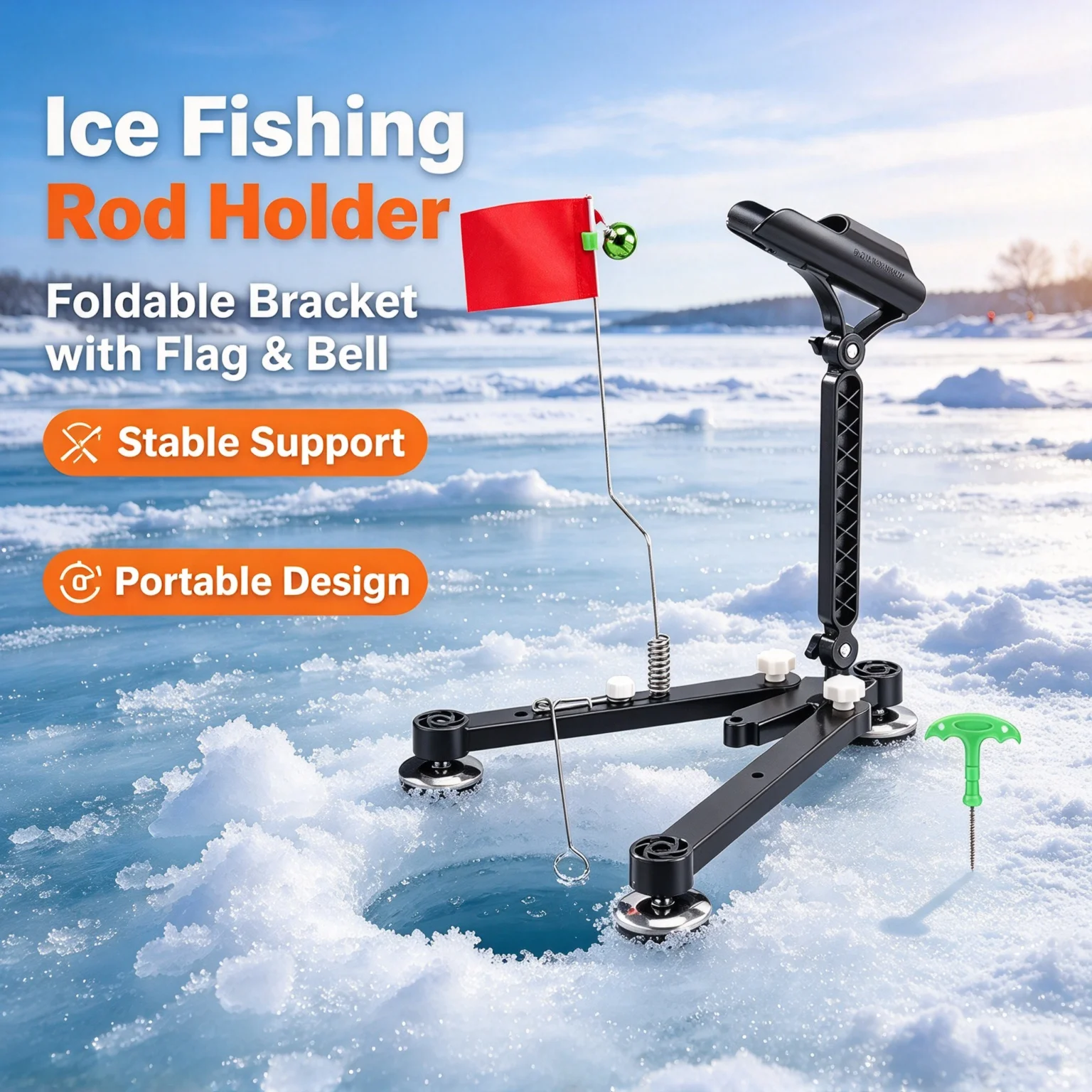 Foldable Ice Fishing Rod Holder with Bell Flag Random Color, 1 Set Portable Winter Ice Fishing Pole Bracket Tackle Accessories