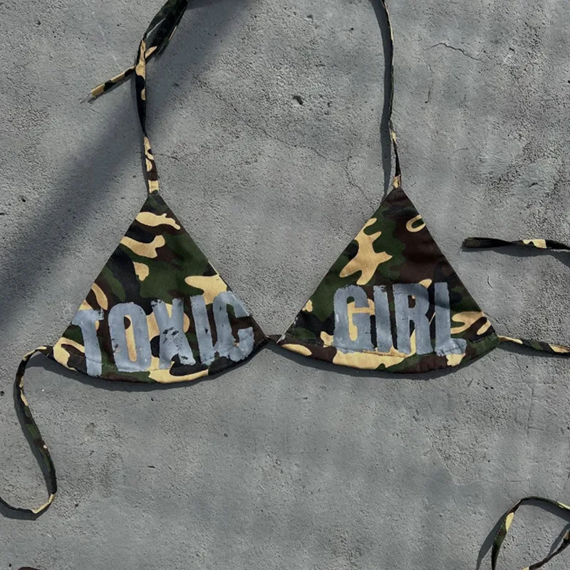 European American Cross Border 2026 Summer Camouflage Halter Letter Print Iron Ring Fashion Bikini Swimwear Set - Image 3