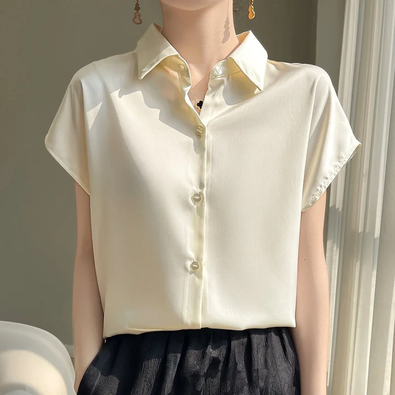 Summer Women's Luxury Blouse Satin Silk Tee Short Sleeve Shirts Acetate Button Up T-shirts Thin Office Lady Tops Women Clothing