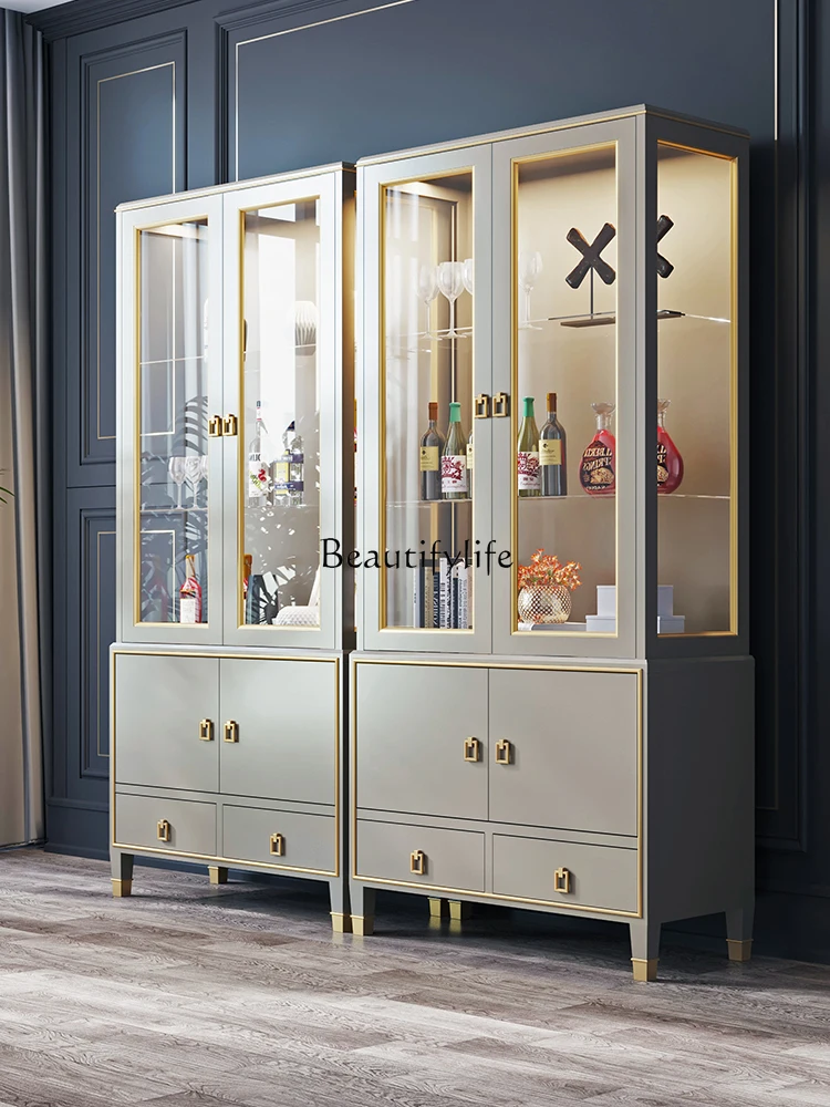 

American Glass Door White Wine Cabinet Wall Living Room European Style Display Cabinet Light Luxury Solid Wood