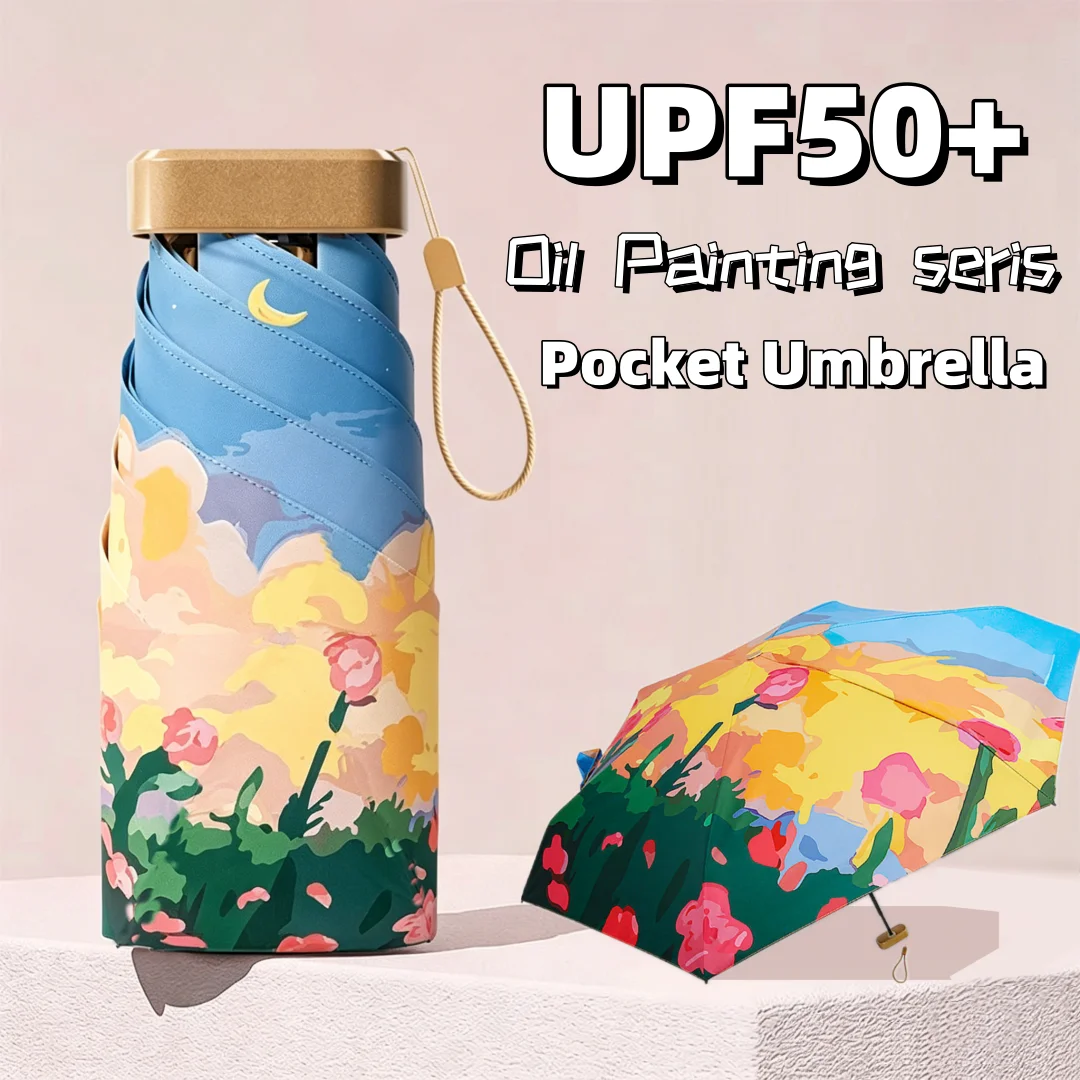 Parasol de voyage compact style peinture à l'huile UPF50+ – Protection UV en vinyle pliable pour la pluie et le soleil – Capsule portable