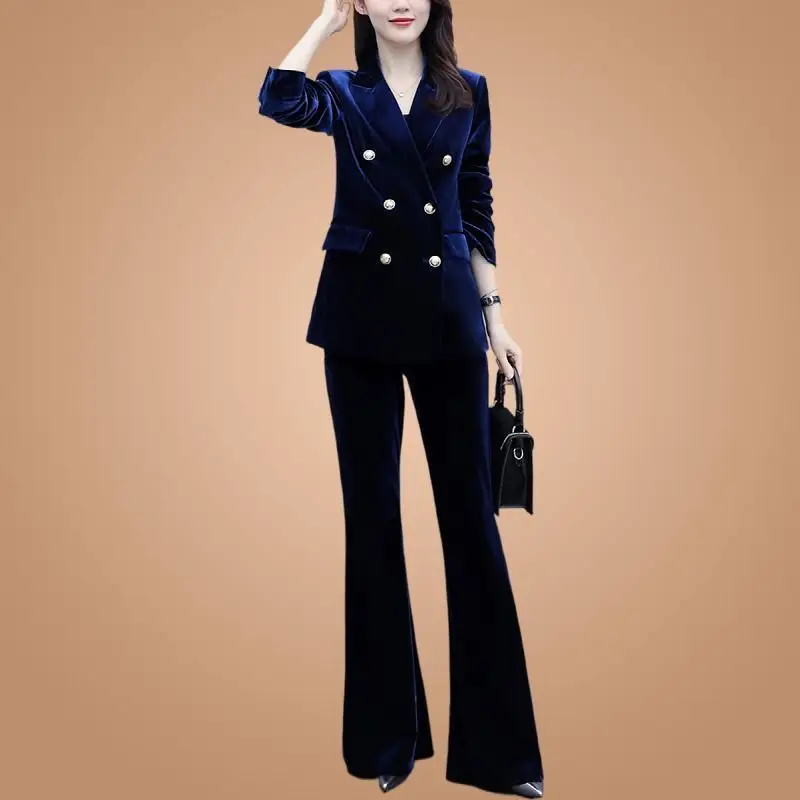 High Suits Outerwear Spring And Autumn Slim Fitting Fashionable Stylish Flare Pants Professional Gold Velvet Suit 2 Piece Sets