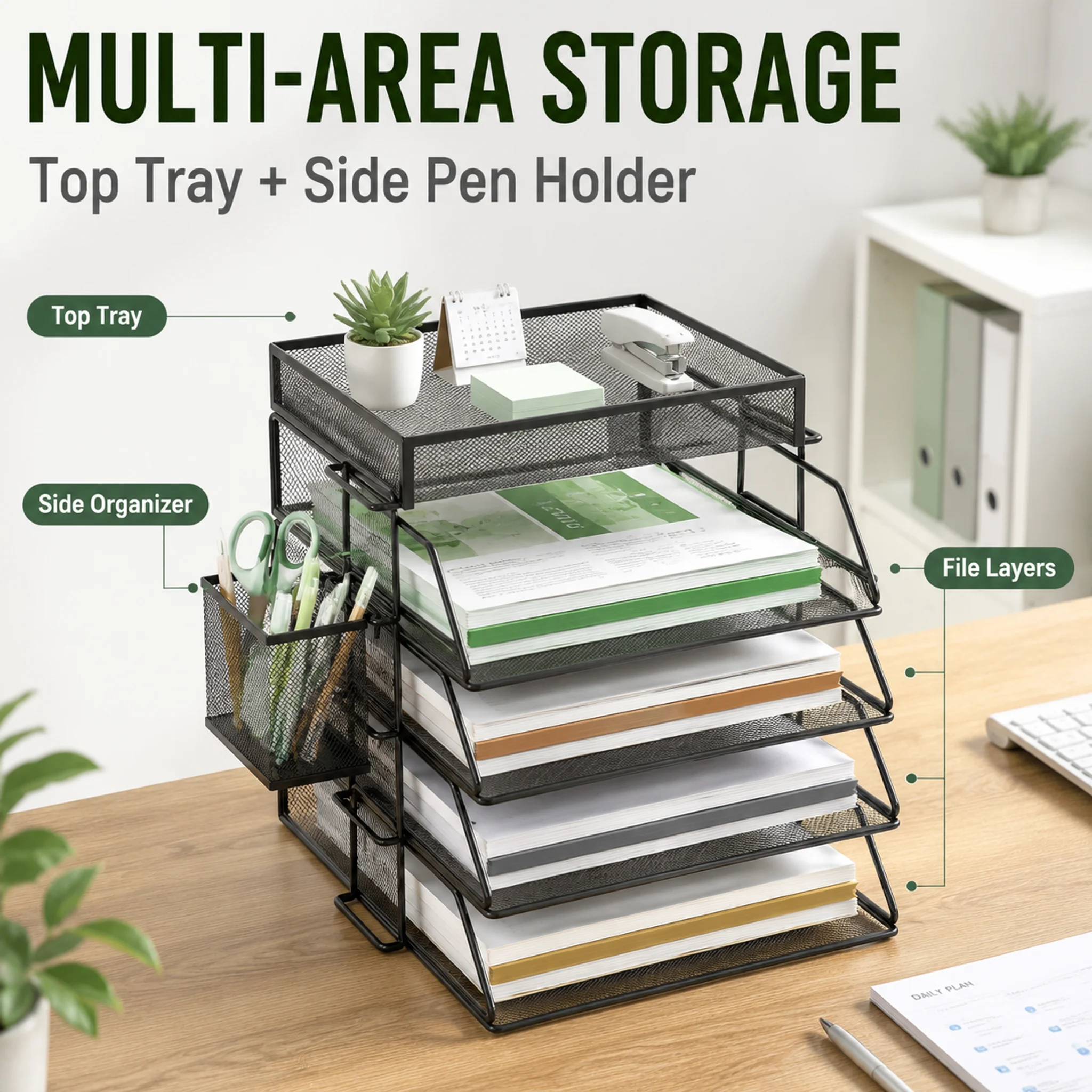 Desktop Filing Tray - 4-stufiger stapelbarer A4-Papierablage-Organizer, Metallgitter-Schreibtisch-Aktenhalter mit oberer