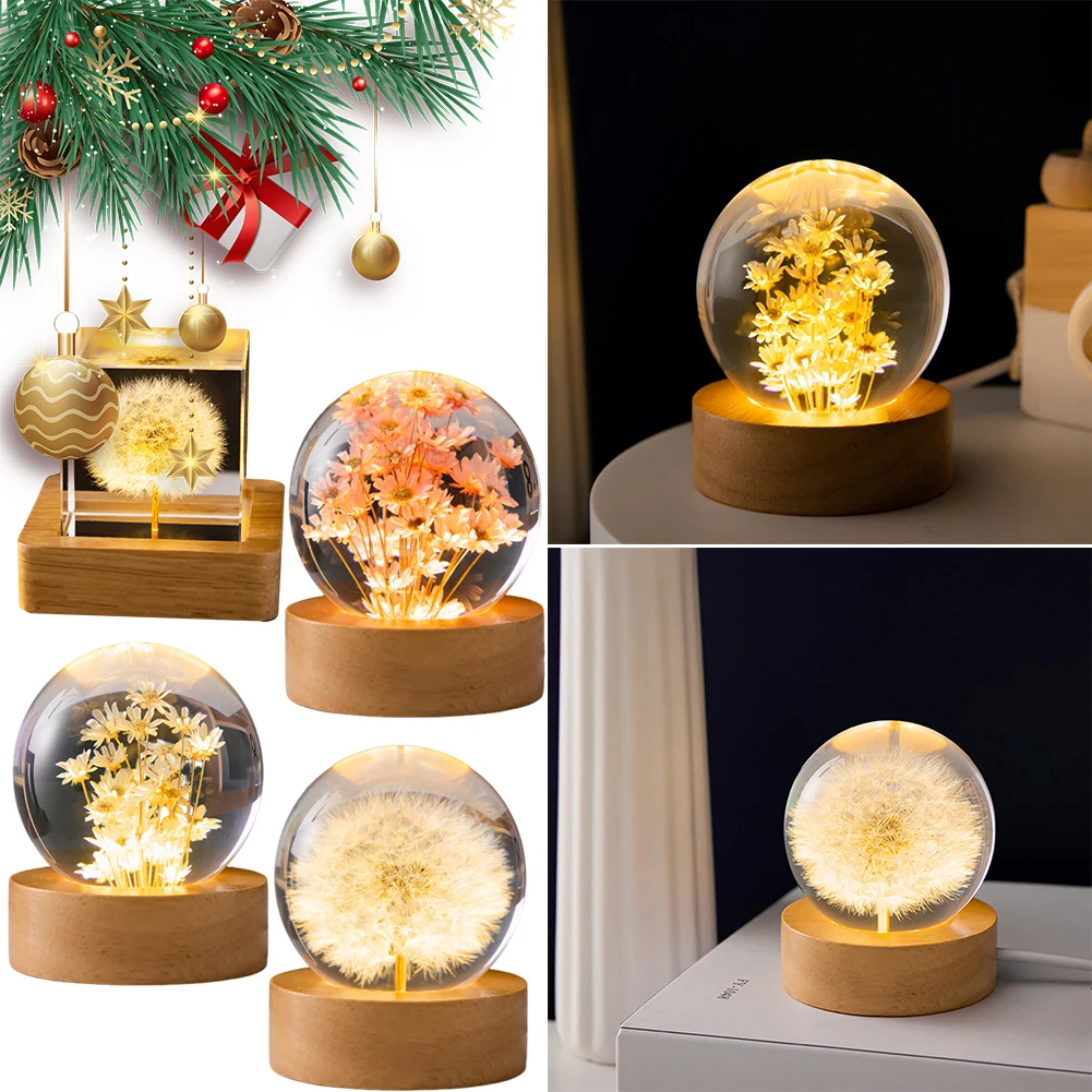 3D Round Ball Night Lamp Flower Crystal Ball Night Light with Woodern Base Office Home Decor Valentine's Day Gift for Men Women