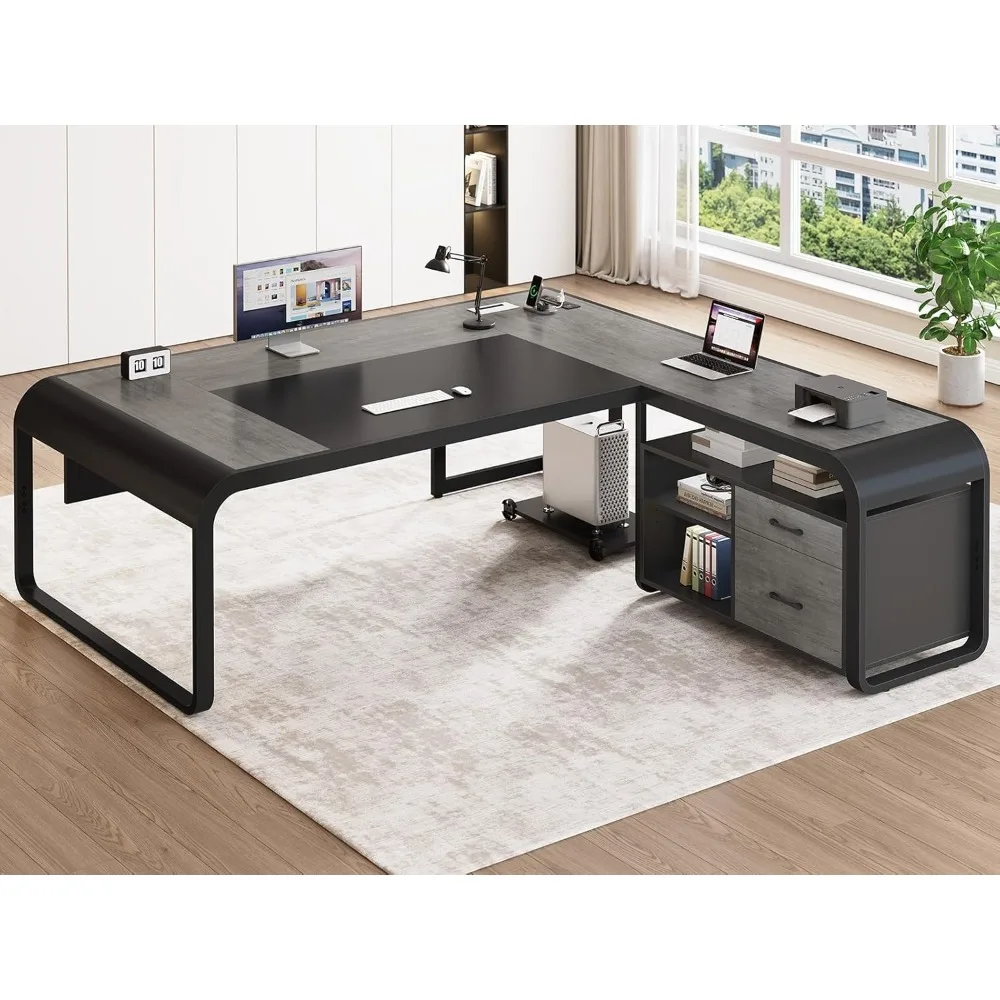 

61 Inch Executive Desk, Large Office Desk with File Drawer, L Shaped Desk with Drawers, with Mobile CPU Stand, Computer Desk