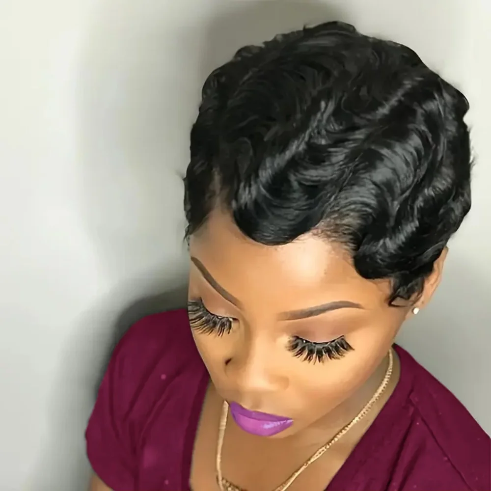 흑인 여성용 짧은 곱슬 픽시컷 전체 기계 제작 가발 100% 인모