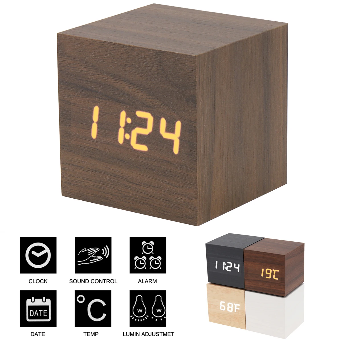 

Digital Clock LED Wood Alarm Clock Voice Control Time Date Temperature Digital Bamboo Square Table Desktop Clocks