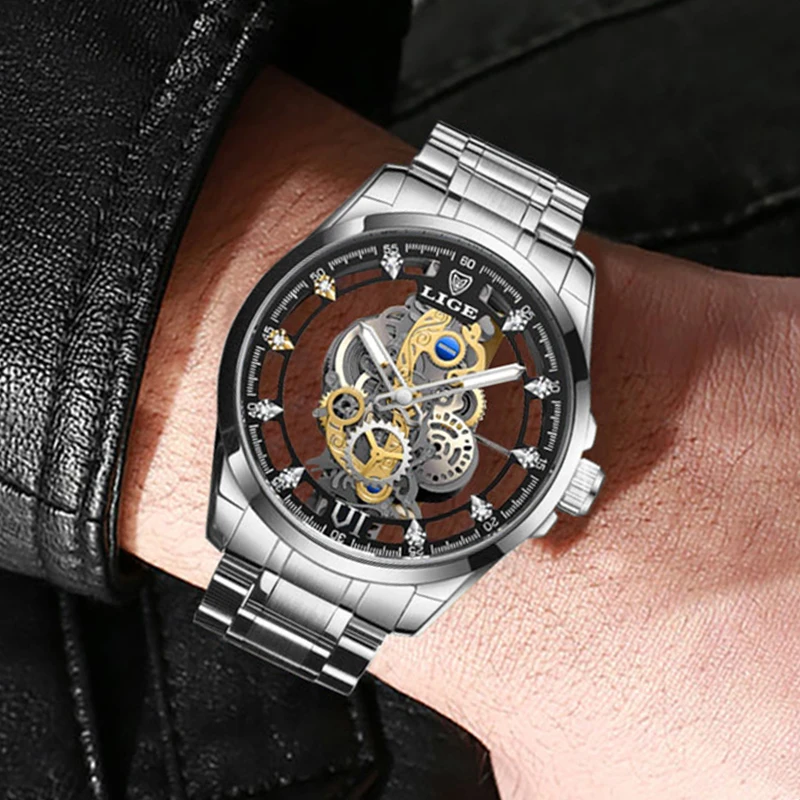 LIGE Fashion Top Luxury Men's Watches Skeleton Automatic quartz wristwatch Retro watches for men Gift Watch Brand Luxury reloj