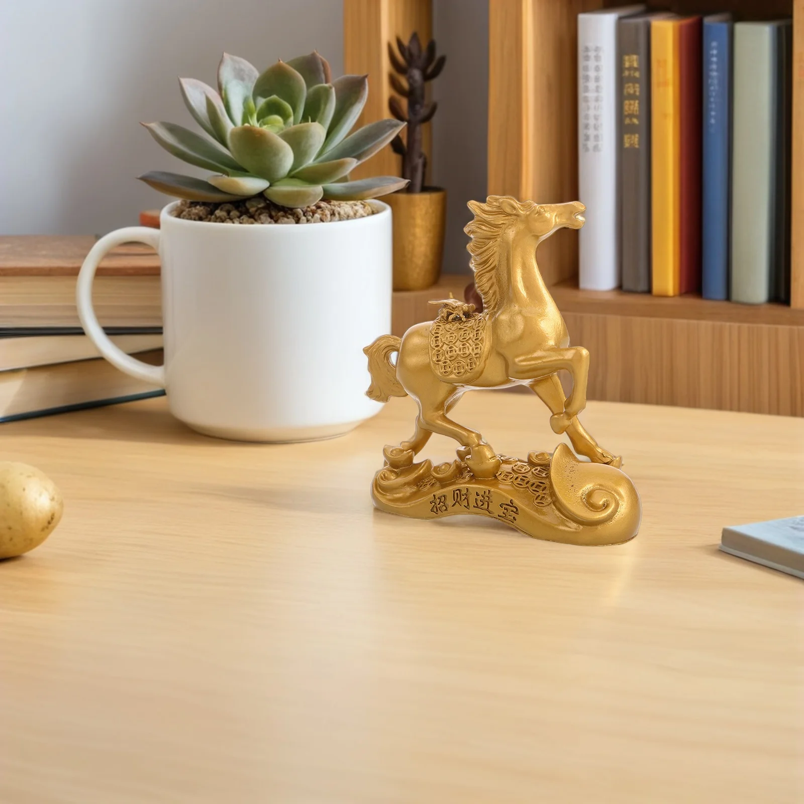 

2026 Year of The Horse Feng Shui Statue - Golden Standing Horse with Ingots for Wealth Luck - Chinese Zodiac Decor for Home