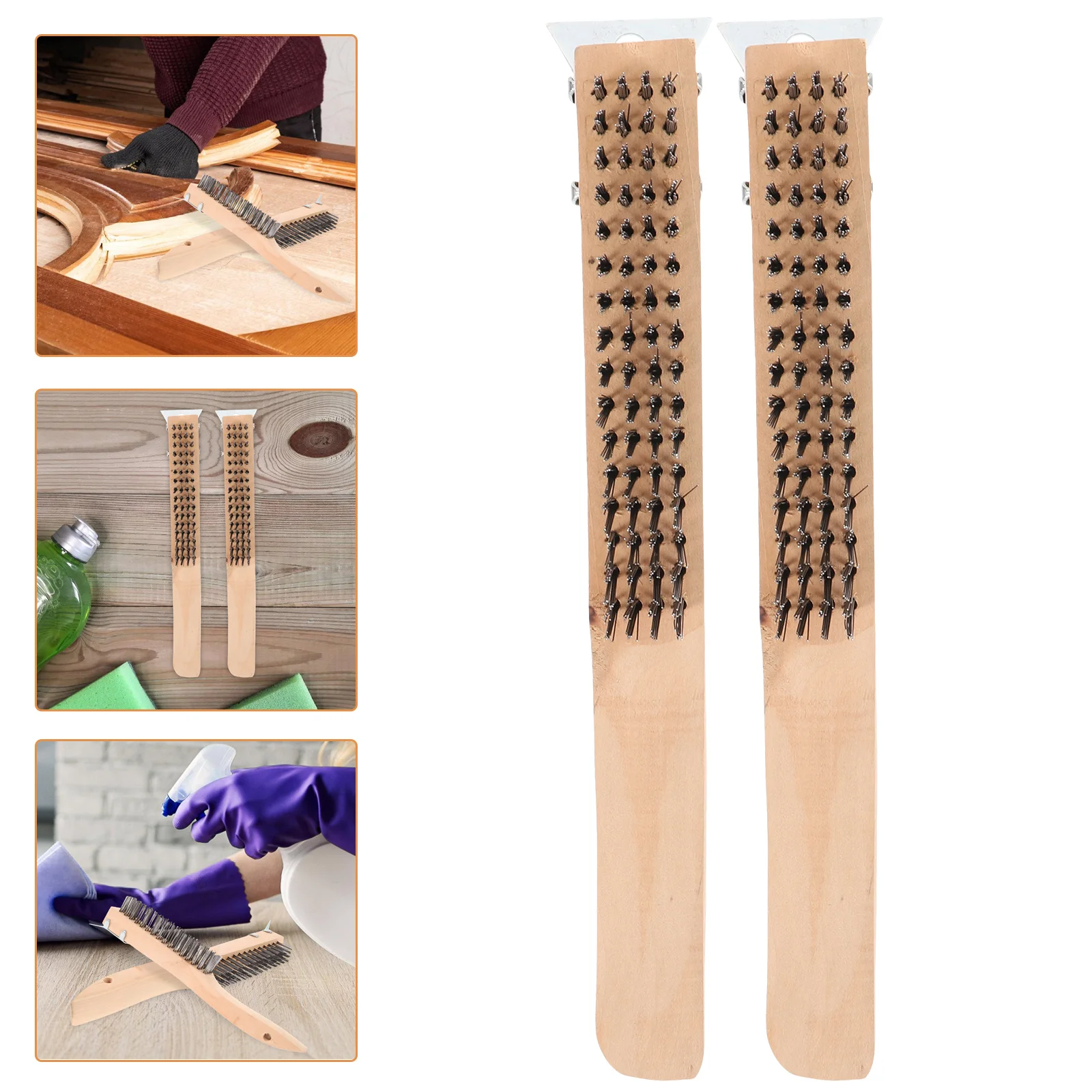 

2pcs Stainless Steel Wire Set Rust Paint Removal Cleaning Tool Long Handle Wooden Handle Household Metal Surface
