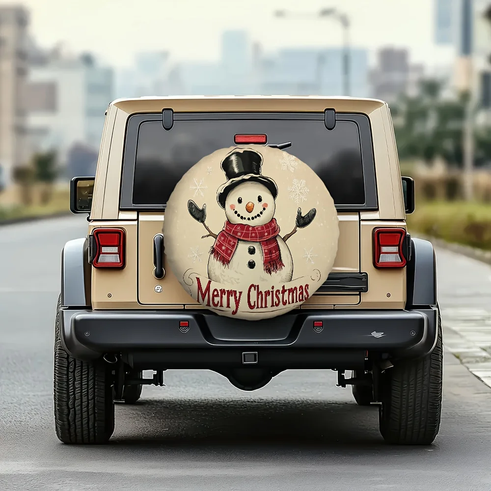 

Merry Christmas Snowman Tire Cover Polyester Spare Wheel Protector Festive Seasonal Car Decoration