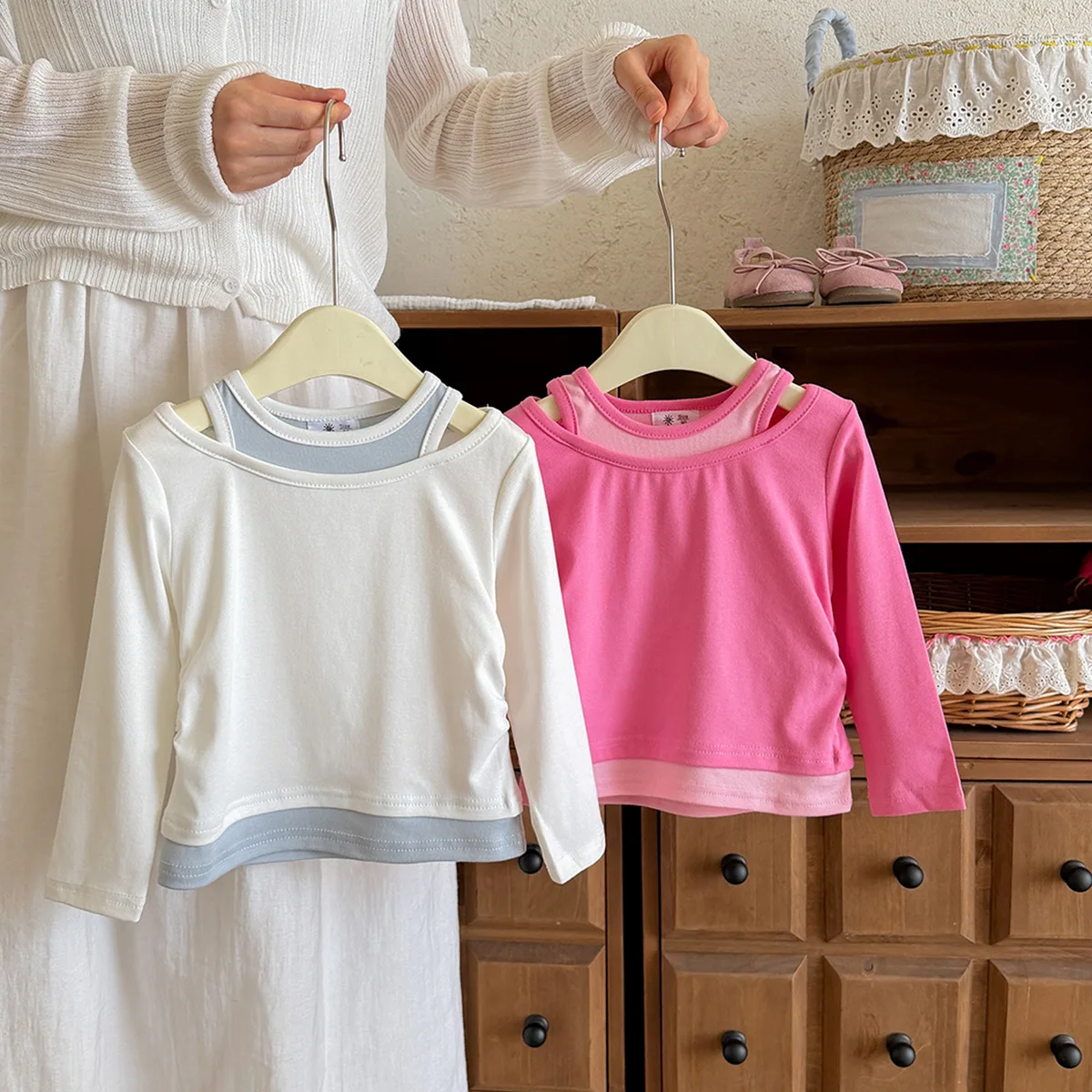 Girls Long Sleeve T Shirt Spring Fall 2026 New Korean Color Block Little Girl Top Kids Fake Two Piece Undershirt