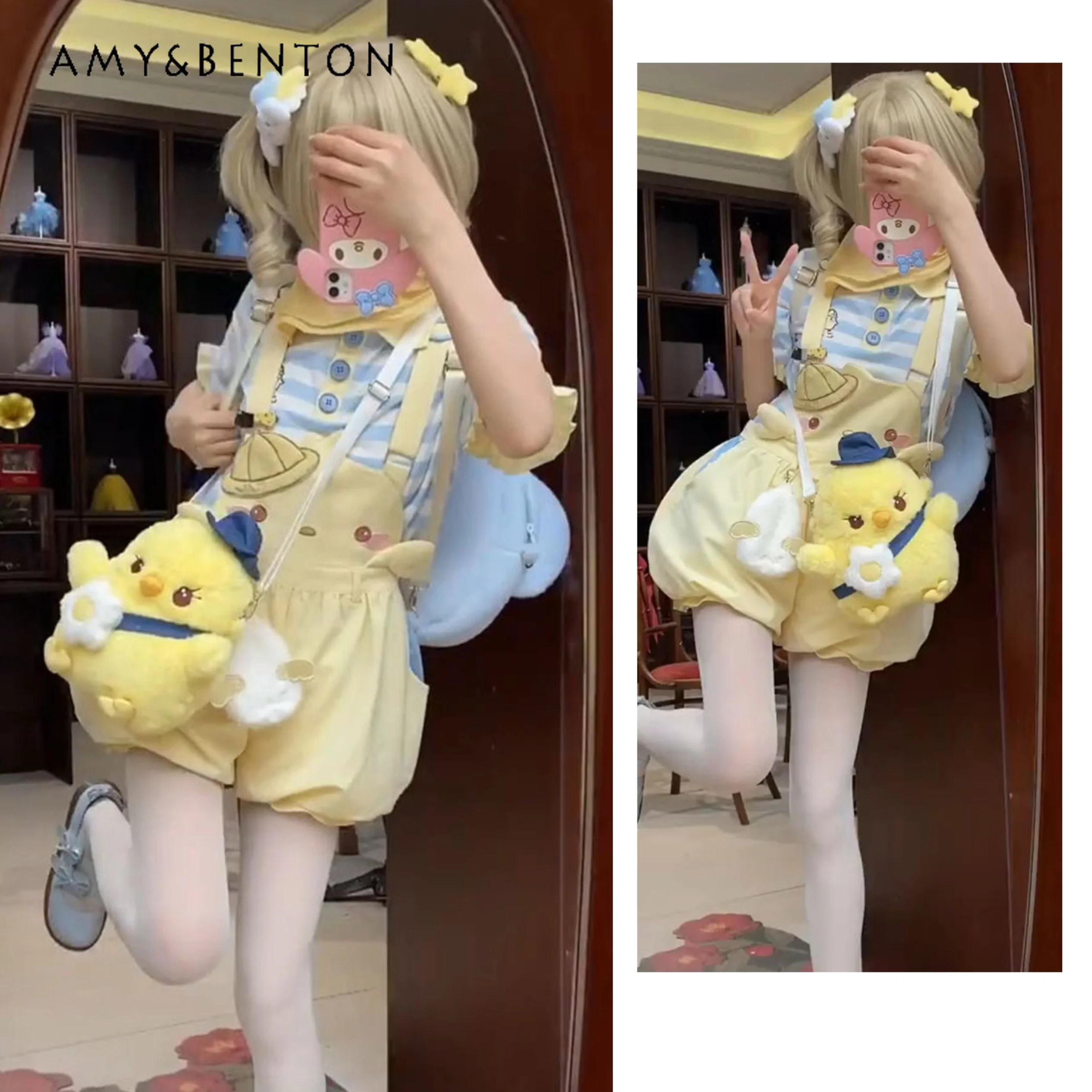

A Complete Set of Little Yellow Chicken Overalls Cute Short-sleeved Striped Shirt High Waist Suspenders Bud Pants Girl Suit