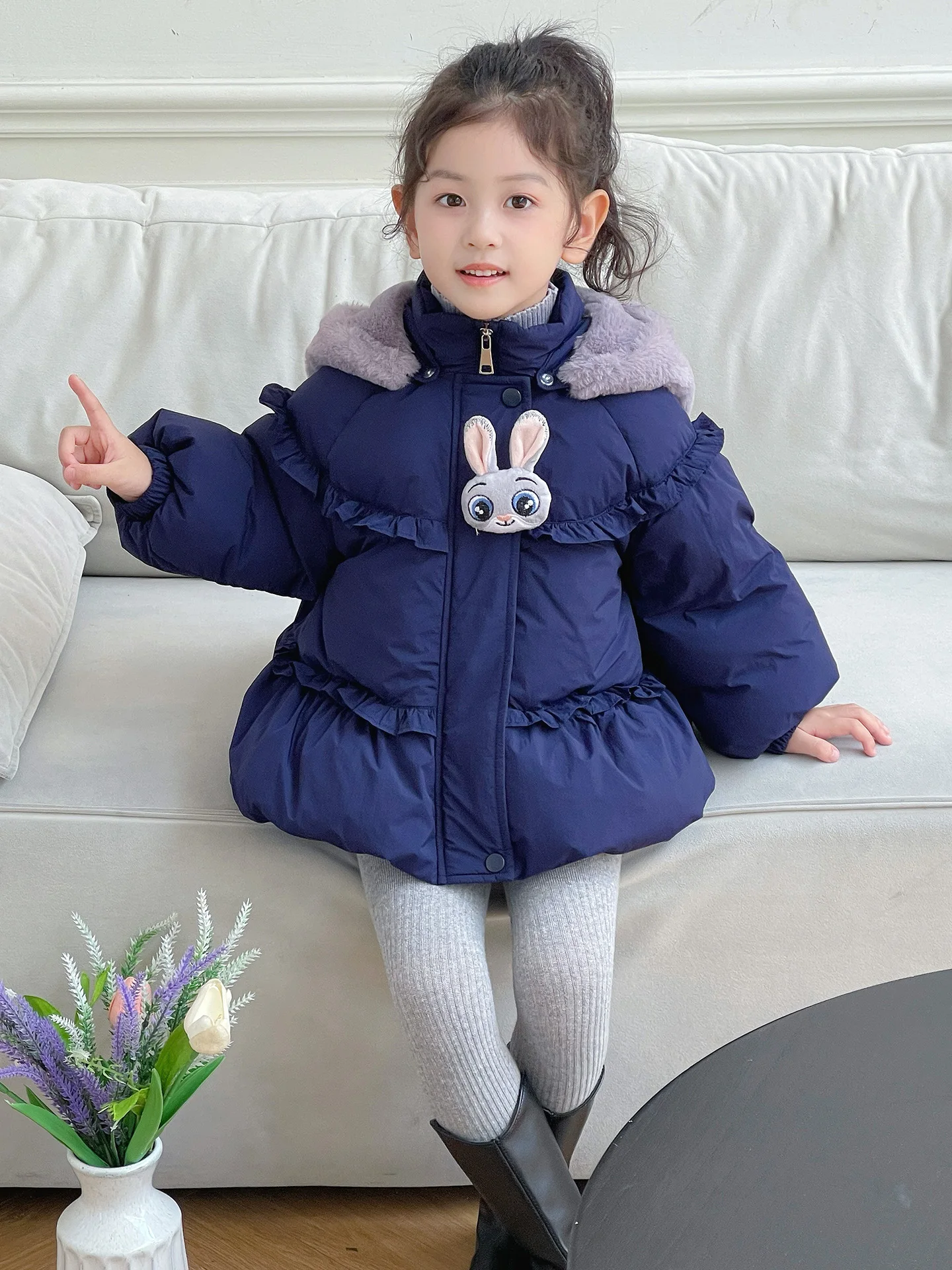 여아용 겨울 다운 재킷 중간 길이 귀여운 어린이 외투 화이트 다운 코트