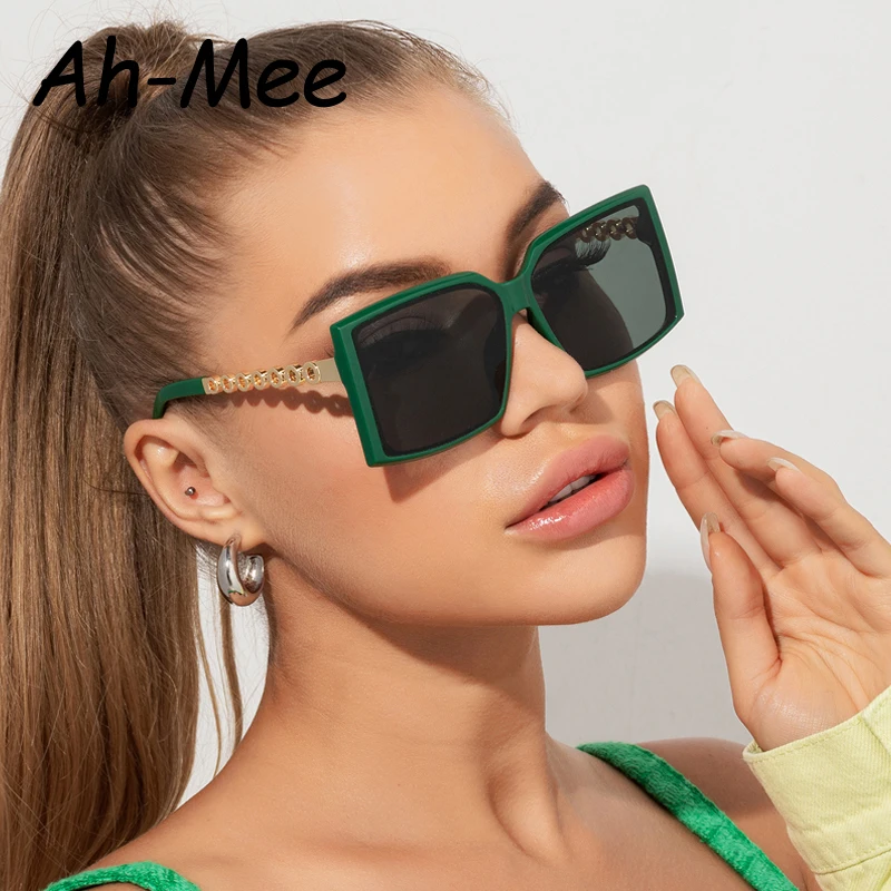 Fashion Sunglasses Women Green Square Metal Sun Glasses Luxury Brand Design Vintage Big Shades Eeyglasses Oculos De Sol Feminino