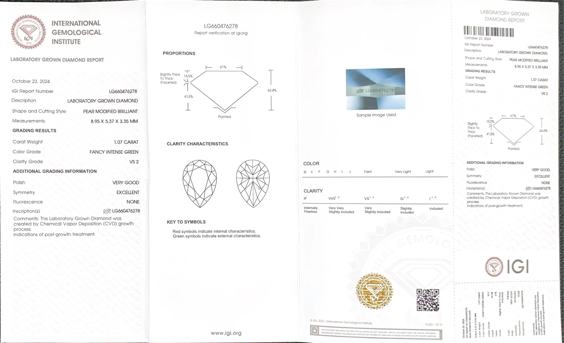 IGI 1.07CT شكل الكمثرى الأخضر LGD مختبر نمت الماس CVD الماس حجر بالجملة يتوهم الأخضر المكثف مع شهادة igi