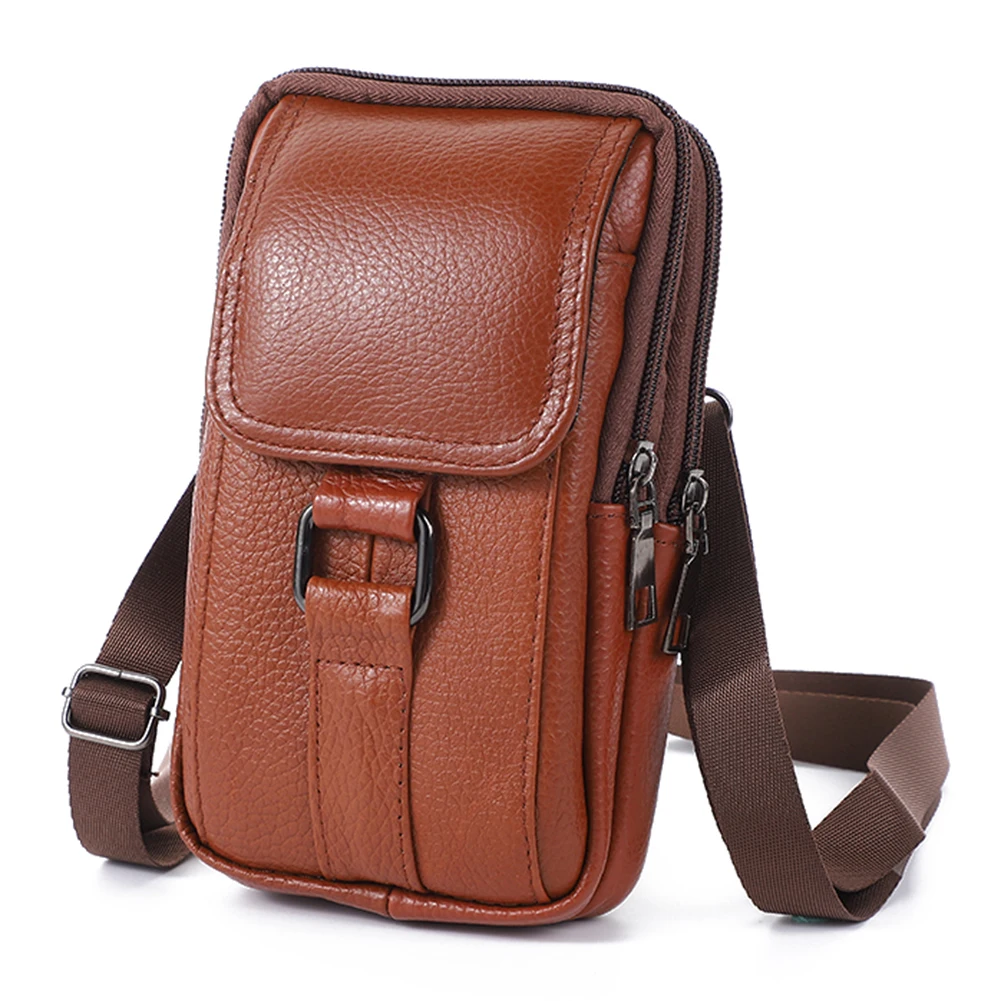 Portable Fanny Pack Waist Bag Cowhide Leather Cell Phone Belt Pack Fashion Multi-pockets Casual for Outdoor Sport