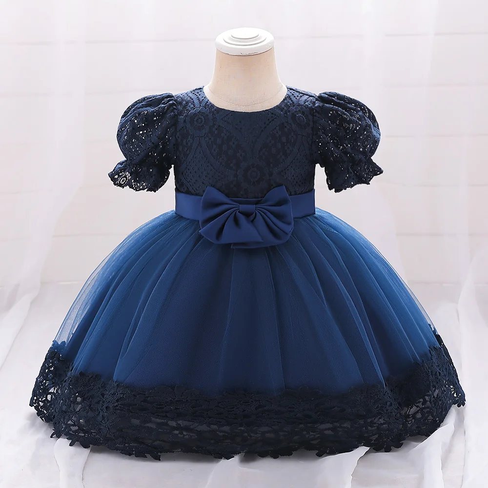 MQATZ Summer Dress 1 Year Kids Christening Princess Vestidos Toddler Party Children Baptism Bow Lace Navy Blue Baby Girl Clothes