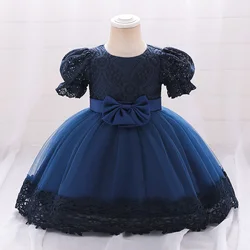 MQATZ Summer Dress 1 Year Kids Christening Princess Vestidos Toddler Party Children Baptism Bow Lace Navy Blue Baby Girl Clothes