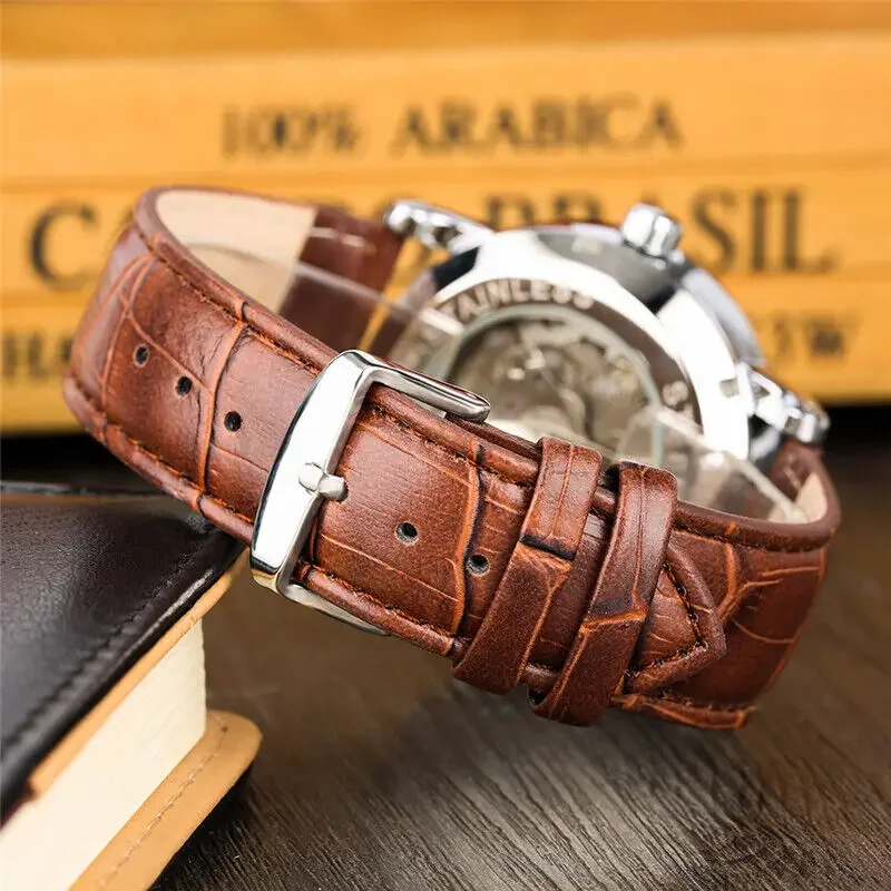 WINNER Brand Mens Self Winding Mechanical Watch Automatic Brown Leather Strap Wristwatch Nice Gift