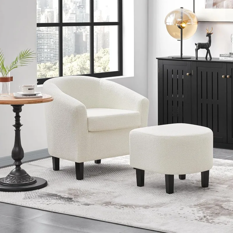 

Accent Chair and Ottoman Set, Modern Fuzzy Sherpa Barrel Chair and Footrest, Comfy Boucle Armchair and Footstool for Living Room