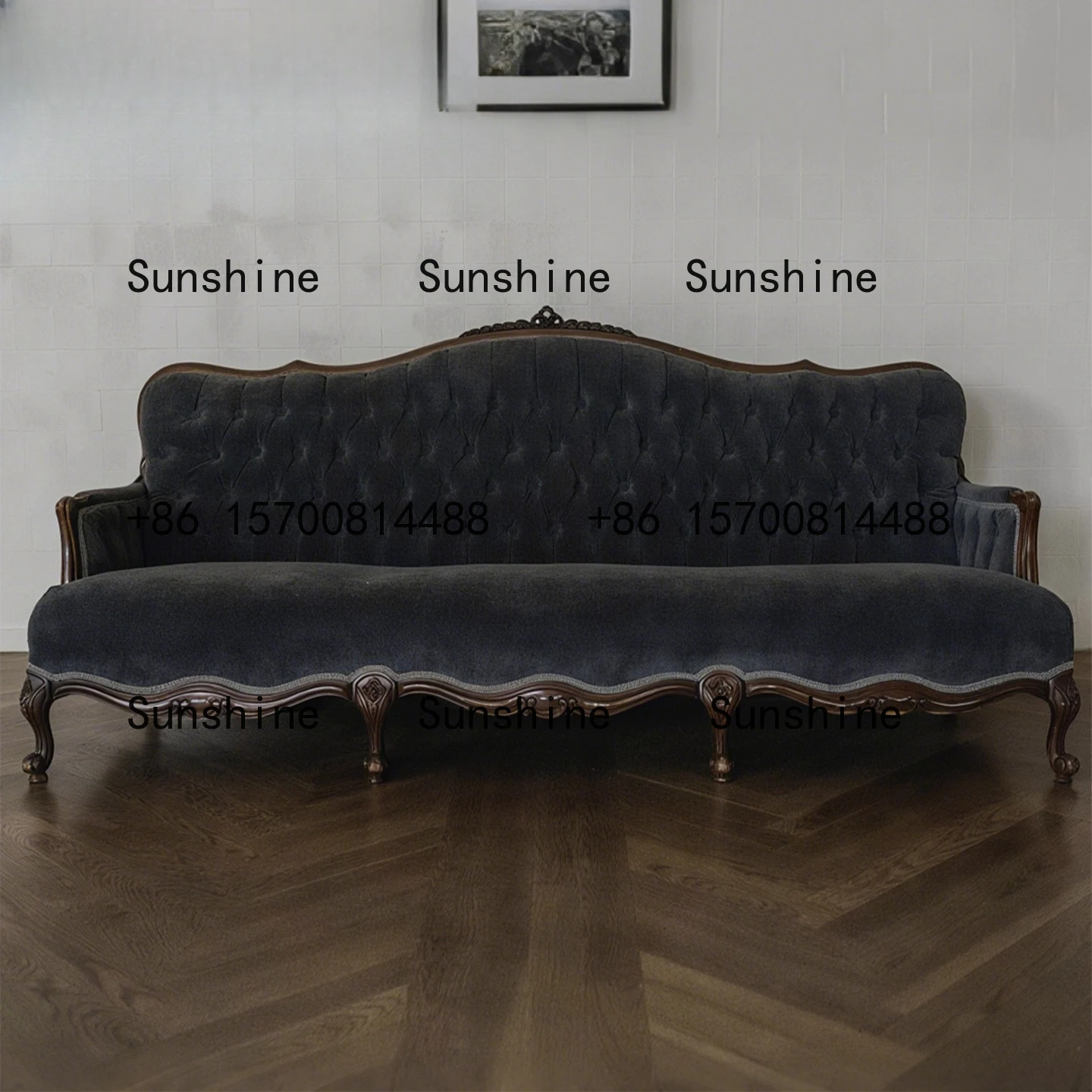 

American retro carved solid wood sofa living room three-person straight sofa