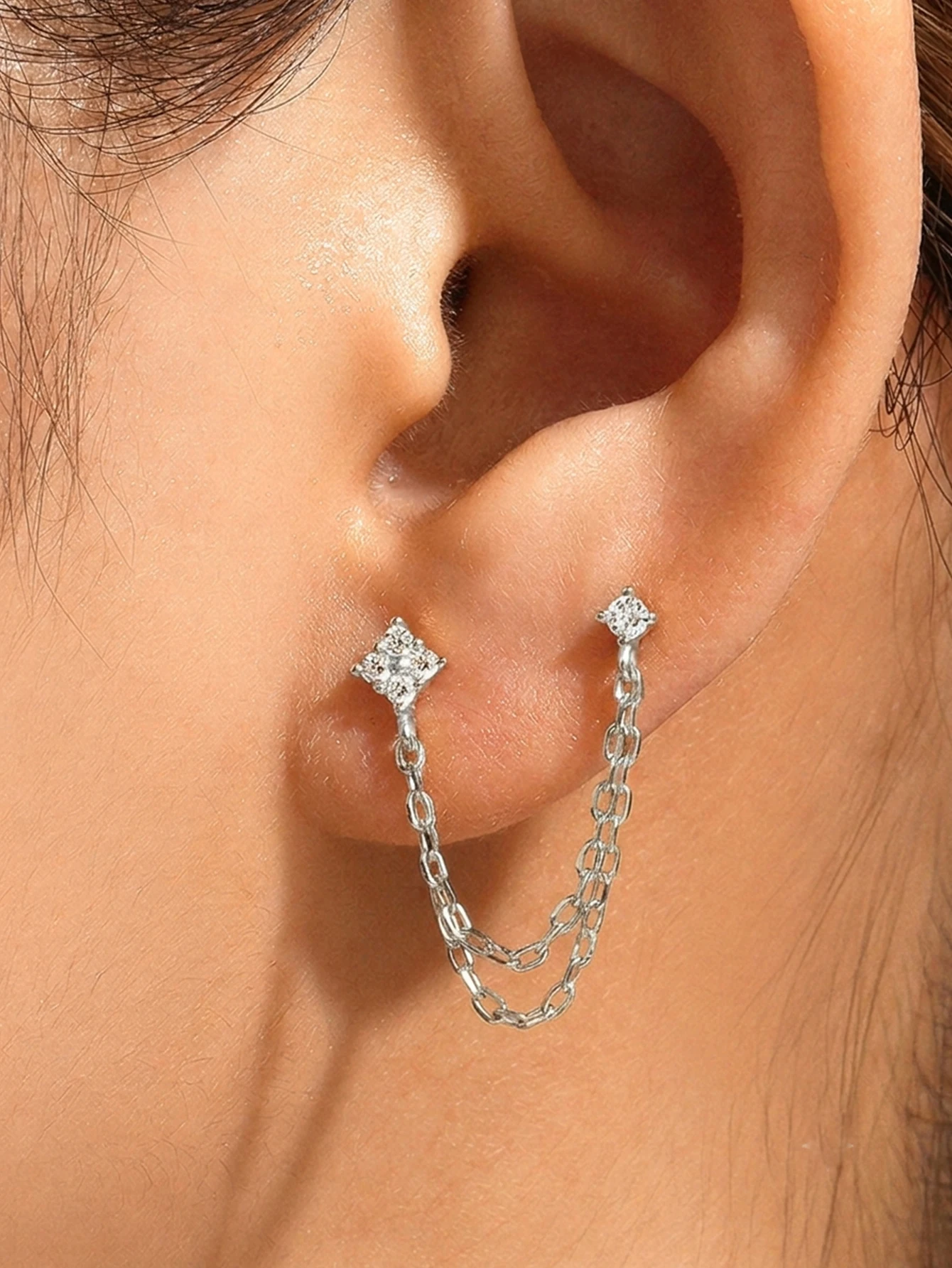 ROXI 1 Stück S925 Silber Verbundene Kette CZ Tragus Stud Doppelketten-Knorpelpiercing Einfacher Eleganter Ohrring für Tägliche Anlässe – Detail 11