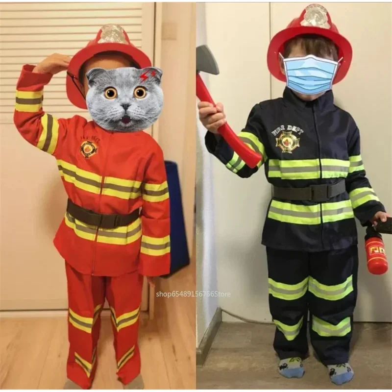 SN55Children Fireman Cosplay Costume Boys Girls Halloween Carnival Party Sam Fireman Uniform Workwear Christmas Gift$5Q@1