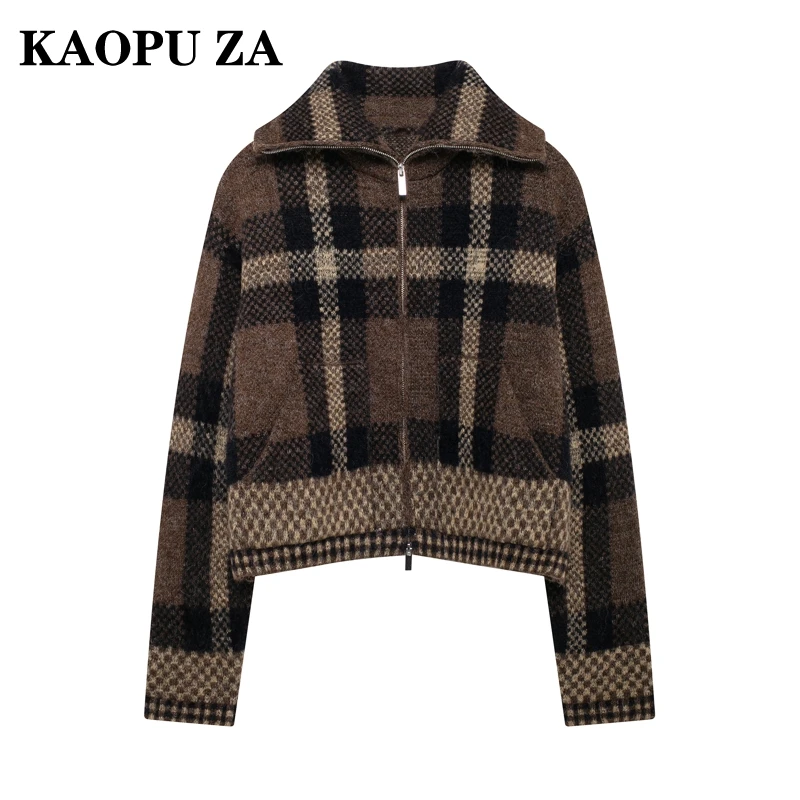 KAOPU ZA 2024 New Autumn/Winter Woman Casual Turn-down Collar Plaid Print Jacket Coat Female Fashion Long Sleeve zipper Knit Top