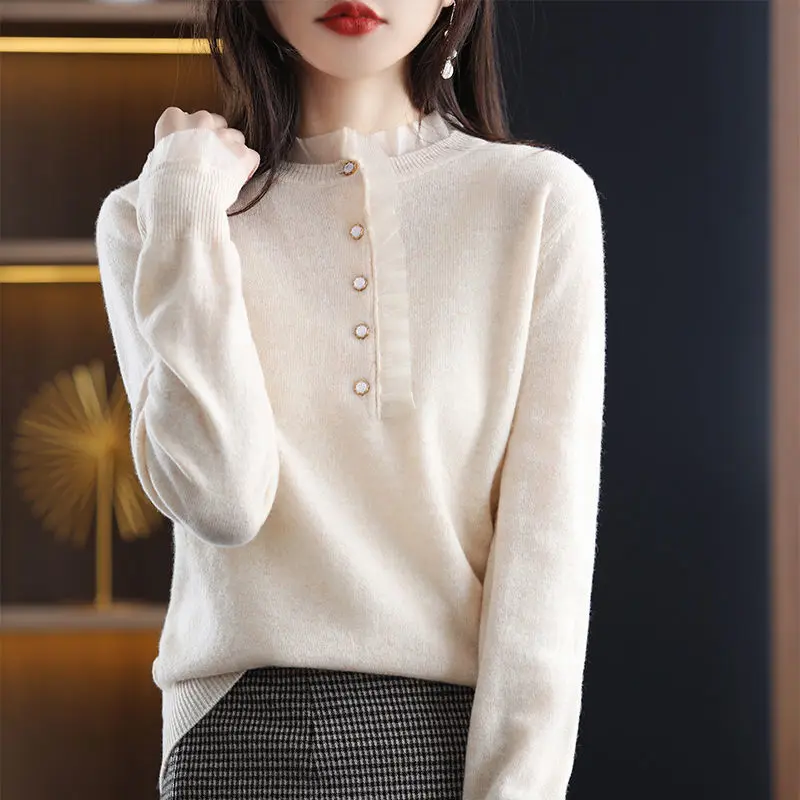 Autumn Winter Elegant Fashion Sweet Lace Patchwork Sweaters Top Women Loose Casual Pullover Ladies Knitting All-match Jumpers