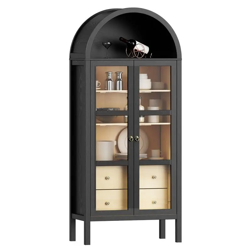 

Modern Farmhouse Arched Cabinet with Glass Doors, 72-Inch Tall Storage Unit with Auto Sensor Light, Adjustable Shelf, and Two