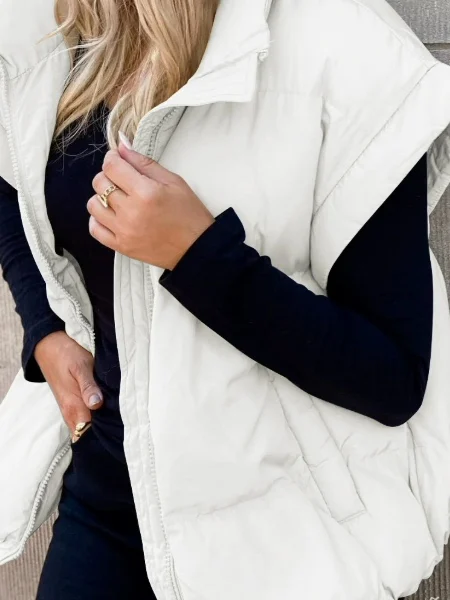 

Fashionable Pure Color Zipper Pocket Stand Collar Cotton Vest Commute Jacket Women's Outerwear Short Length Color