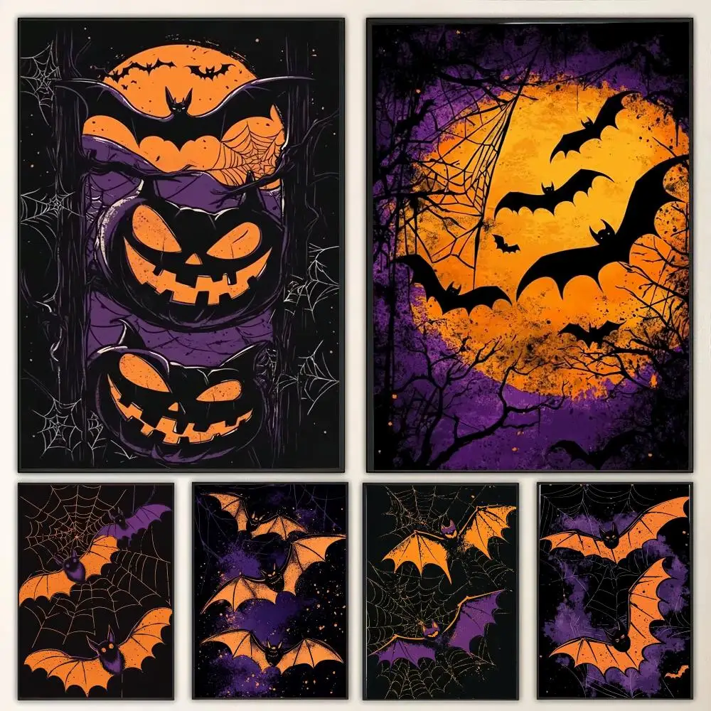 Halloween Bat and Jack O lantern Painting Calligraphy Canvas Poster Wall Art for Living Room Bedroom Cafe Decor Gift
