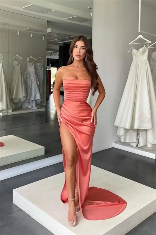 Strapless Prom Dress Pleats High Slit Sexy Stretchy Satin Formal Party Special Occasion Evening Gowns Custom made