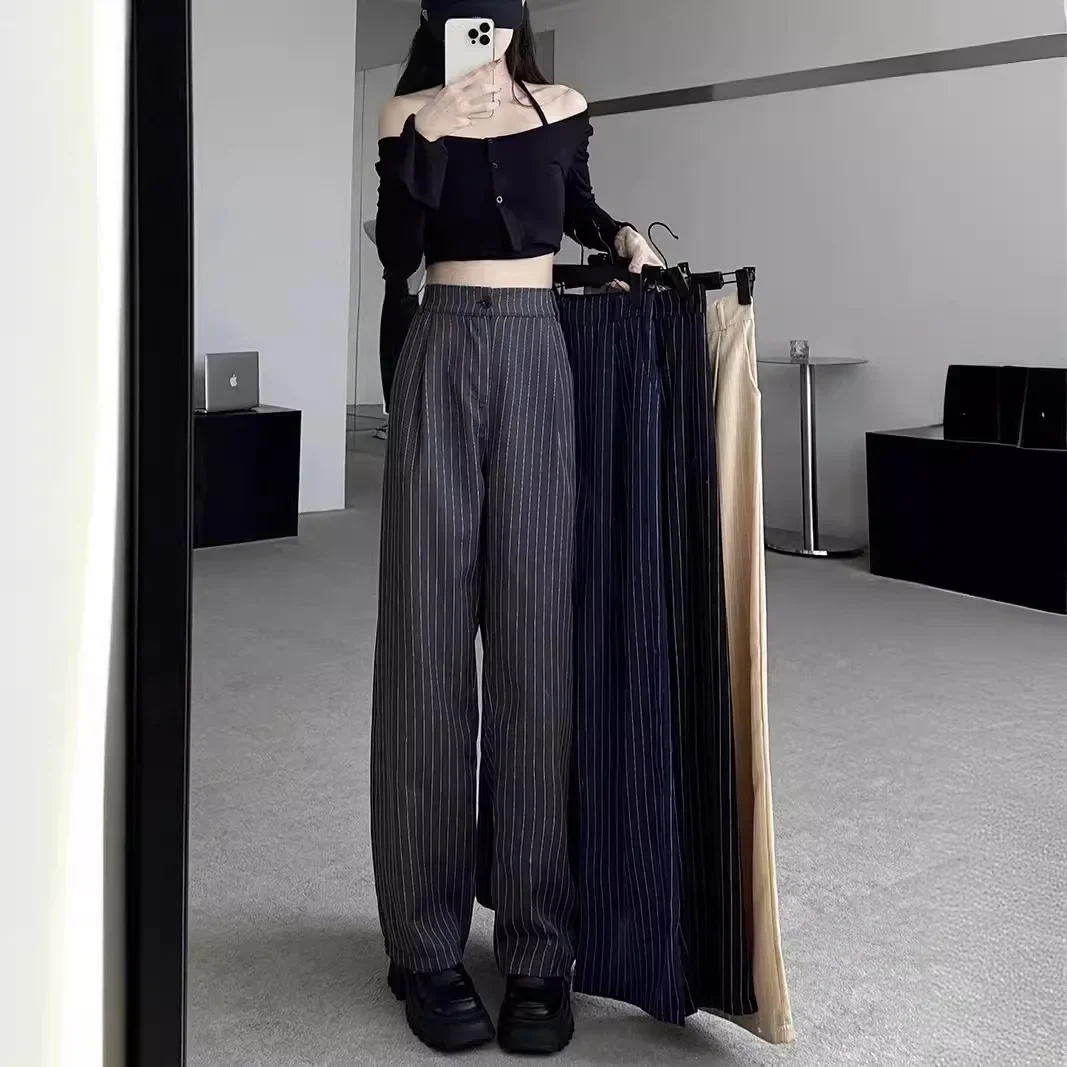 Korean Style Striped Suitbell Bottoms Women's Spring Autumn 2024 New Slimming Versatile Loose-Fit Straight-Leg Sports Casual Pan