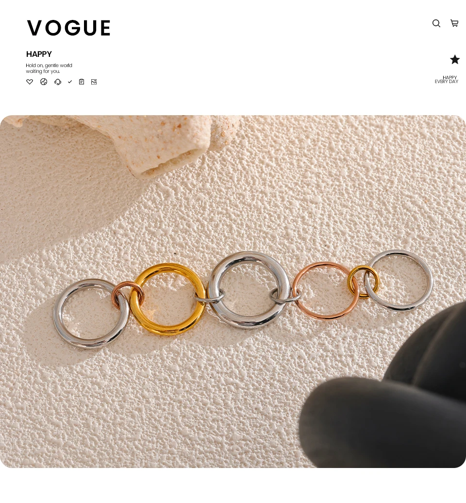 Yhpup Edelstahl, 3 Farben, 5 Glieder, gestapelte Ringe, PVD-Schmuck, echt vergoldet, für Damen – Detail 10