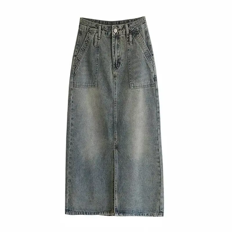 กระโปรงยีนส์เอวสูงทรงเรโทรสำหรับผู้หญิง สไตล์ลำลองสำหรับฤดูใบไม้ผลิและฤดูร้อน ช่วยปกปิดสะโพก กระชับสัดส่วน ทรงเอไลน์ ความยาวปานกลาง