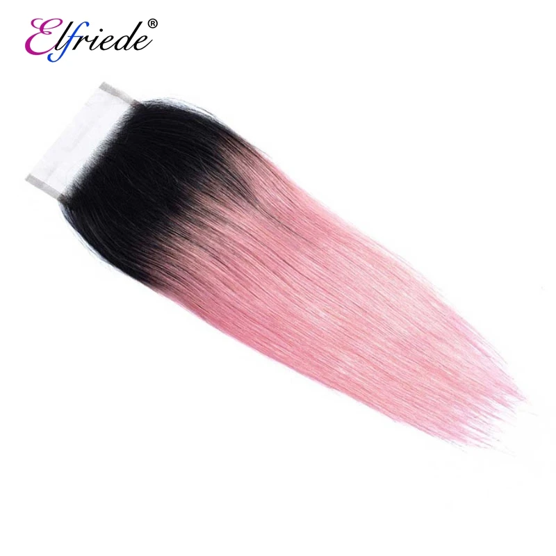 Elfriede Ombre #1B/Rose PInk Straight Hair Bundles with Closure Brazilian Remy Human Hair Weaves 3 Bundles with Lace Closure 4x4