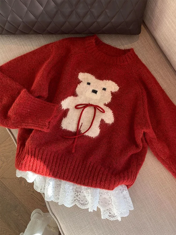 

Christmas Red Cartoon Cute Sweater Women Bow Sweet Lace Patchwork Knitted Jumper Vintage O Neck Korean Fall Winter Lazy Wind Top
