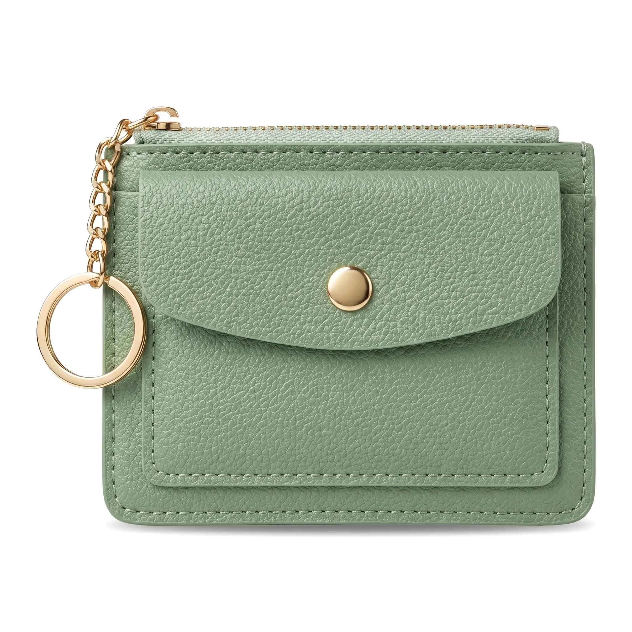 Slim Green PU Leather Slim Wallet for Women Card Holder Keychain Zipper for Gift Mini Coin Purse Button Closure with Window Card