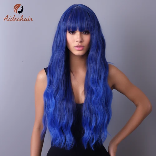 Aideshair-peluca sintética rizada larga con flecos, color azul real, 28 pulgadas, para uso diario en fiestas, moda europea y americana