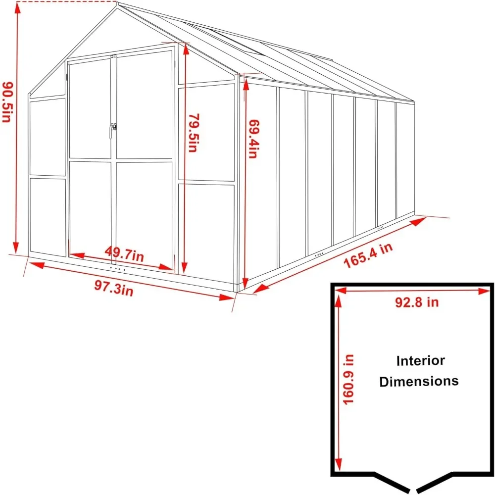 طقم منزل أخضر لنباتات الحديقة بطول 8 × 14 قدم، دفيئة من البولي كربونات مع إطار من الألومنيوم، دفيئة للحديقة