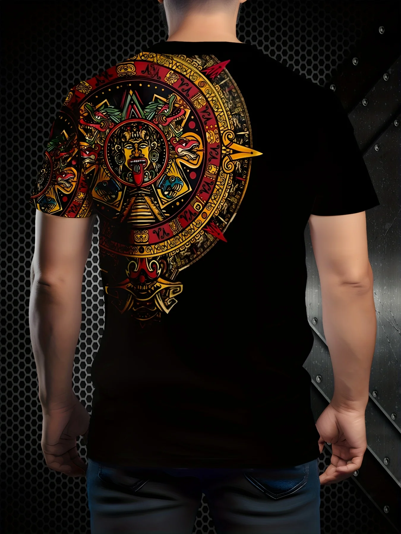 Men's Aztec Mayan Sun Stone Totem T-Shirt Tribal Ancient Civilization Graphic Crew Neck Top