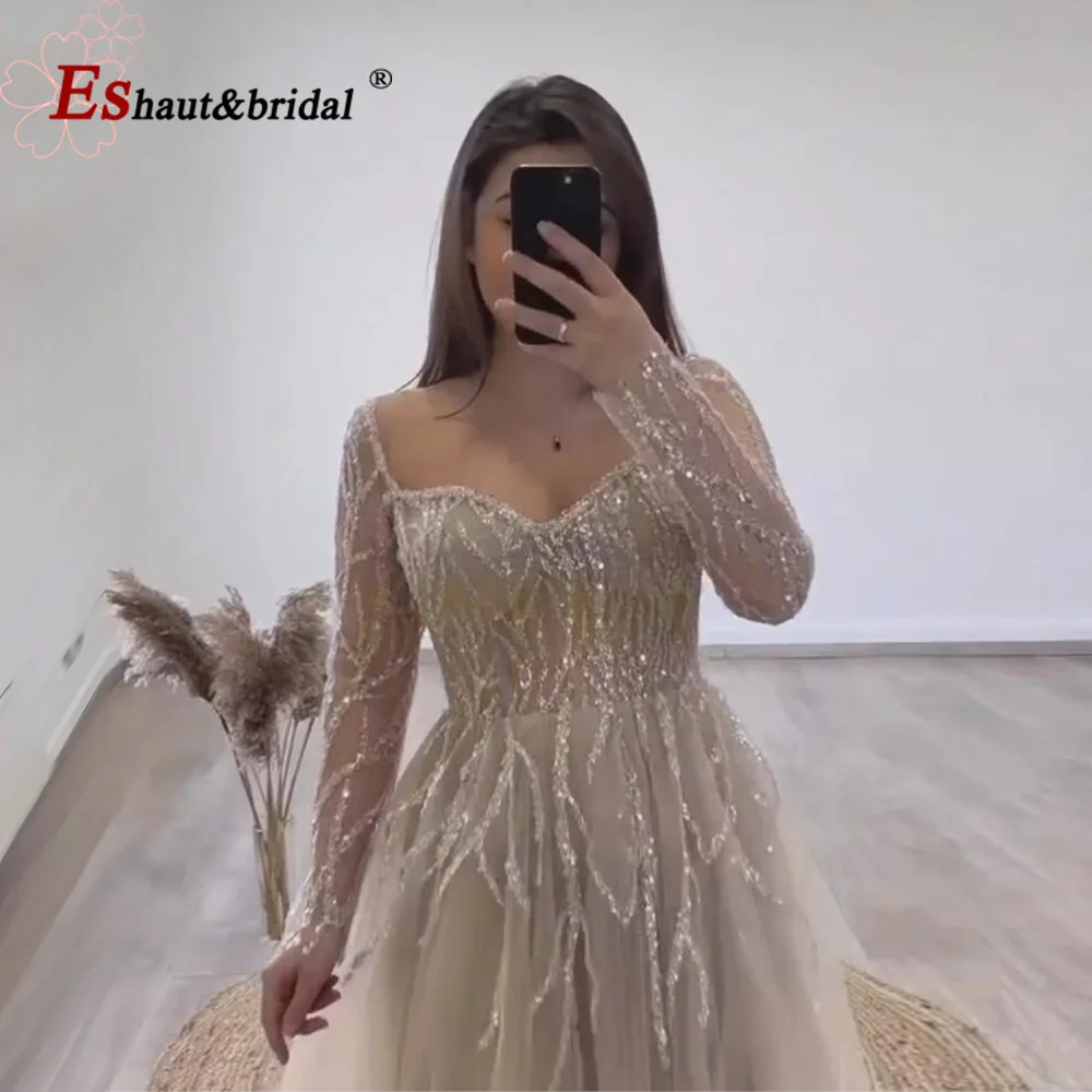 Luxury Dubai Wedding Evening Dresses for Women 2023 Elegant Sweetheart Long Sleeves Aline Beads Arabic Formal Prom Party Gowns